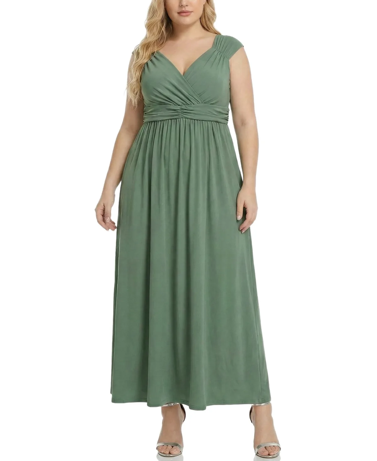 Ny Collection Plus Size Ruched Empire Maxi Dress - Dark Ivy — V-neck dress for an apple-shaped figure