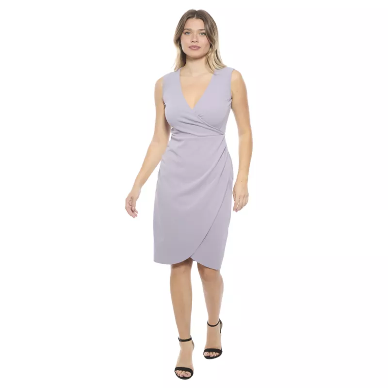 24seven Comfort Apparel Womens Solid V Neck Sleeveless Faux Wrap Tulip Hem Midi Dress, 1X — wrap dress for an hourglass figure