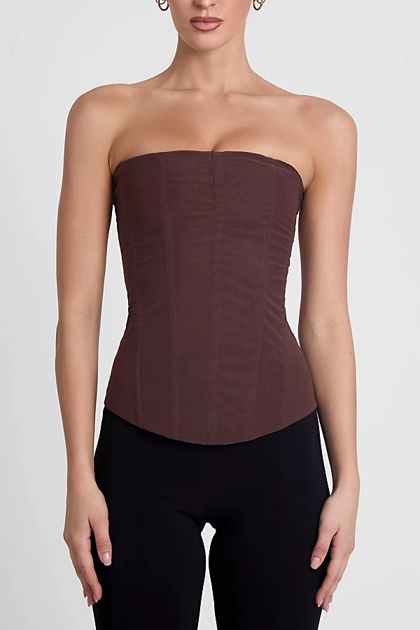 LEAU Muse Mesh Corset Top in Brown, Women's at Urban Outfitters — inspired by Jean Paul Gaultier