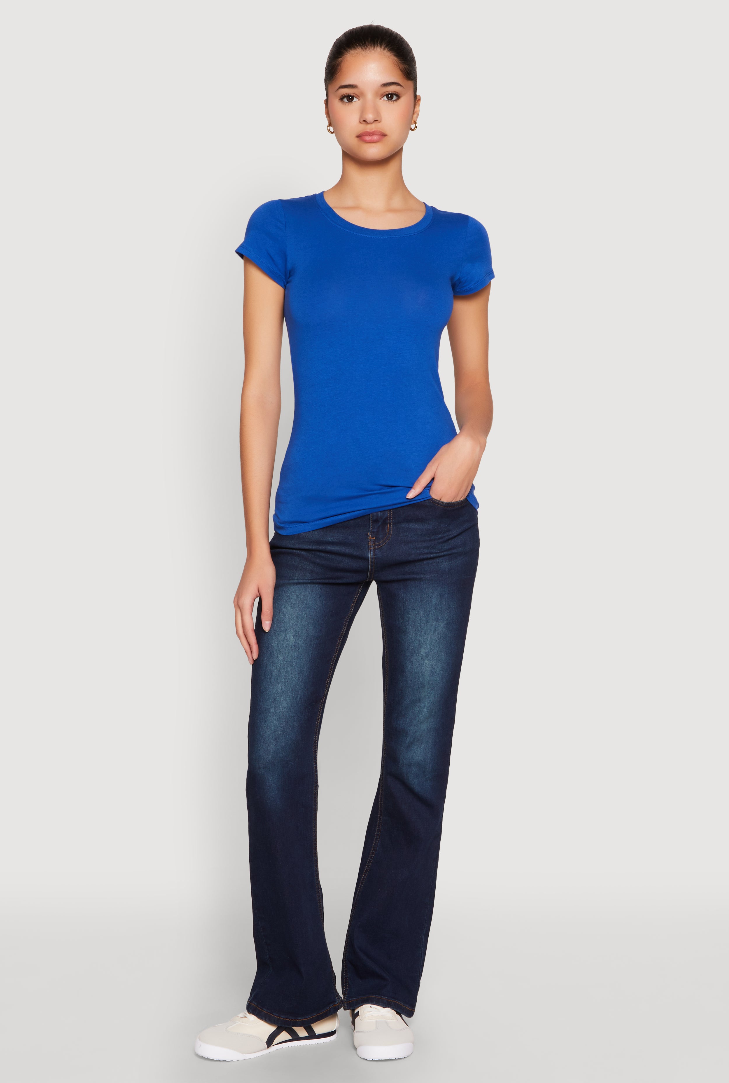 Womens Short Sleeve Scoop Neck Tee, Blue, Size L — early 2000s fashion outfit