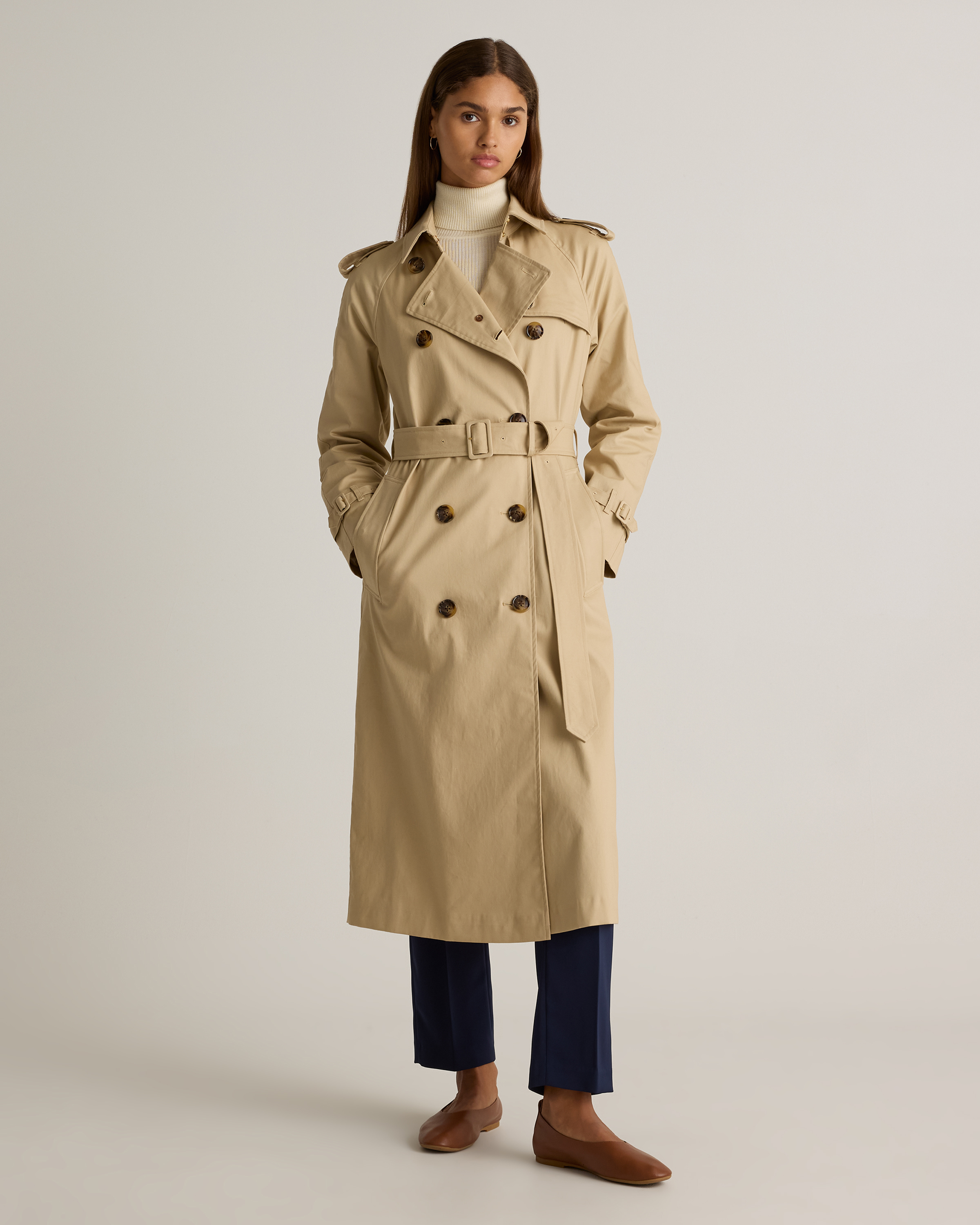 Comfort Stretch Long Trench Coat — affordable alternative to a designer trench coat from a video