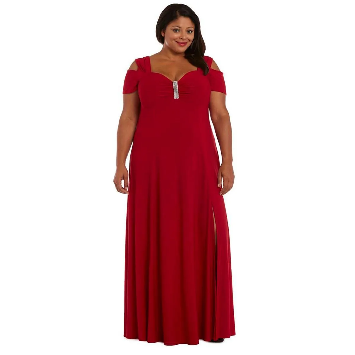 Plus Size R&M Richards Diamante Detail Evening Maxi Gown — V-neck dress for an apple-shaped figure