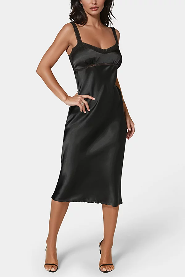 Bebe Satin Lace Trim Midi Dress in Black, Women's at Urban Outfitters