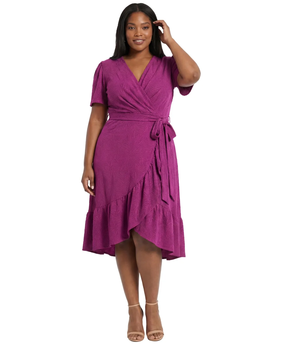 London Times Plus Size Surplice Neck Ruffle Wrap Dress - Hollyhock — wrap dress for an apple-shaped figure