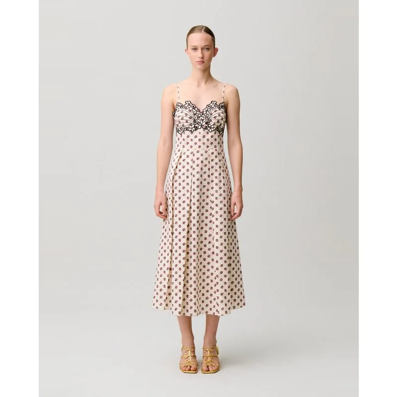 Claudie Pierlot - Vestido midi de algodón con bordados y tirantes finos. — looks y outfits de Emily in Paris temporada 5