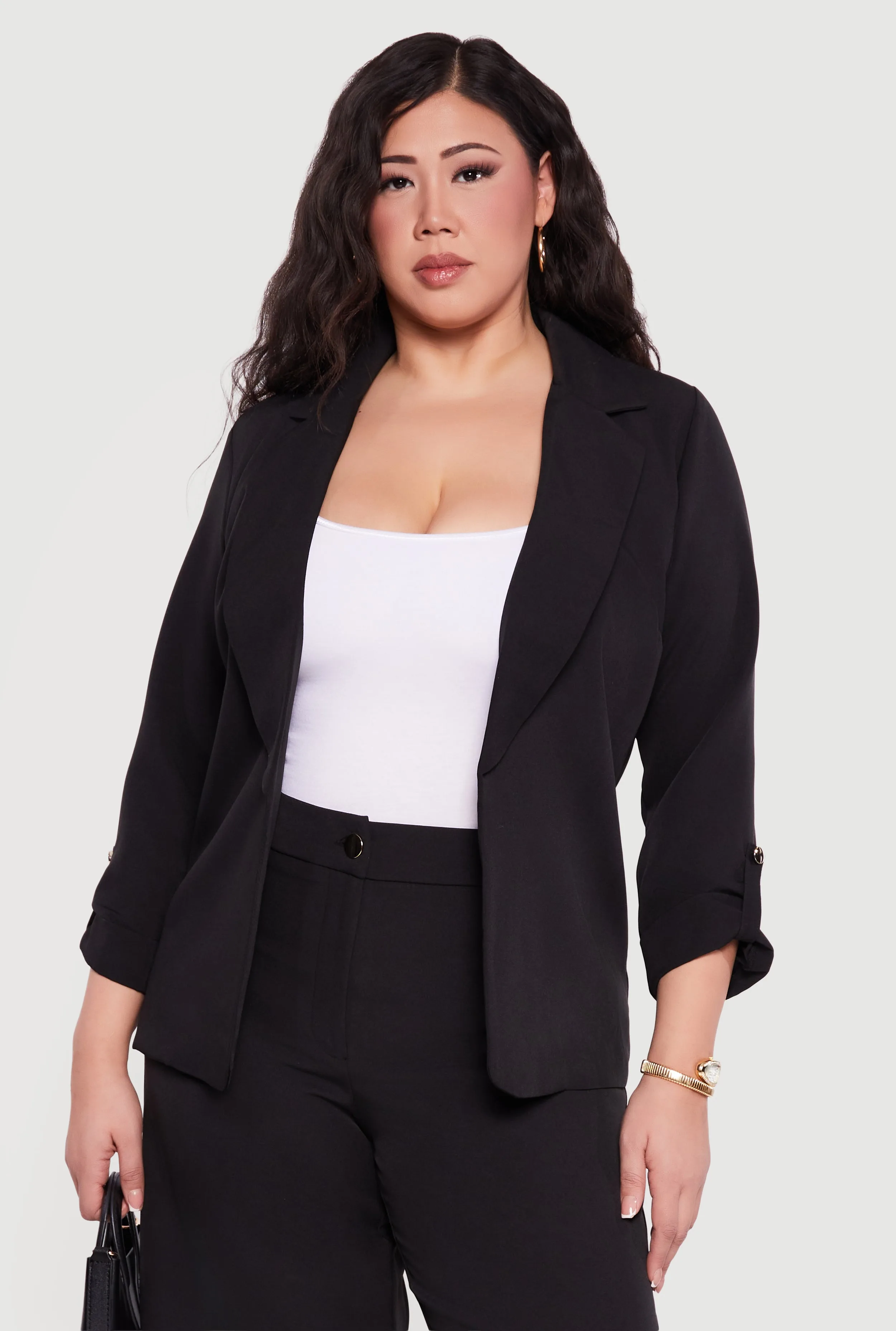 Womens Plus Size Crepe Knit Tabbed Sleeve Open Front Blazer, Black, Size 3X