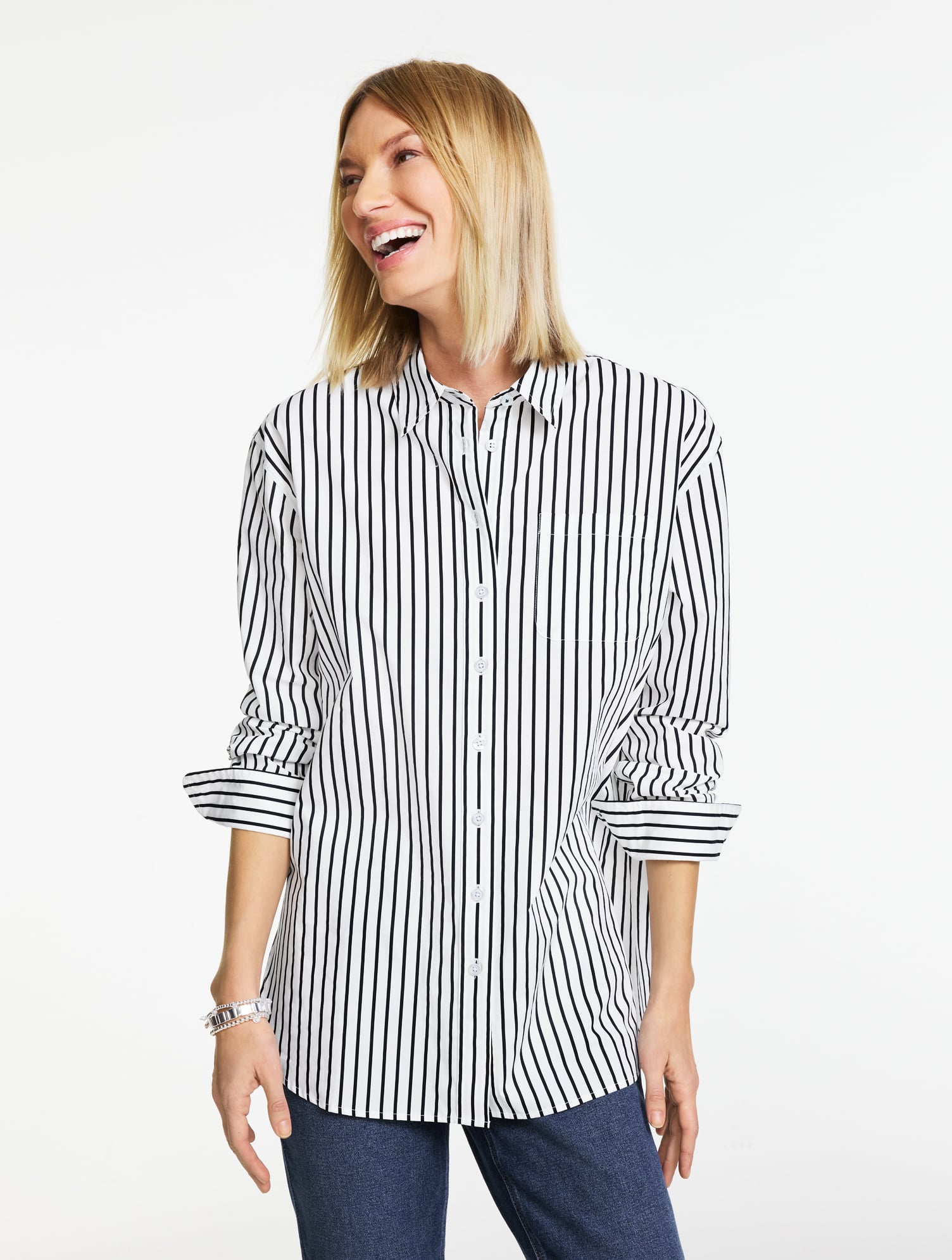 Everyday Relaxed Shirt - Sailor Stripe - White/Black - Large - 100% Cotton Talbots