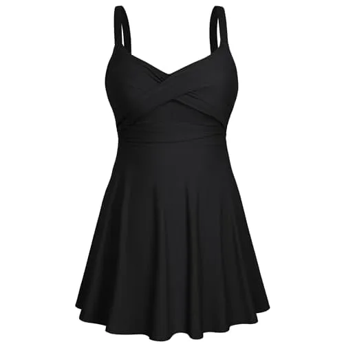 HUSKARY Plus Size Swimsuits for Women Swim Dress Tummy Control Two Piece Bathing Suit Flowy Tankini with Boyshorts A-black 26 Plus — bodycon dress for an hourglass figure