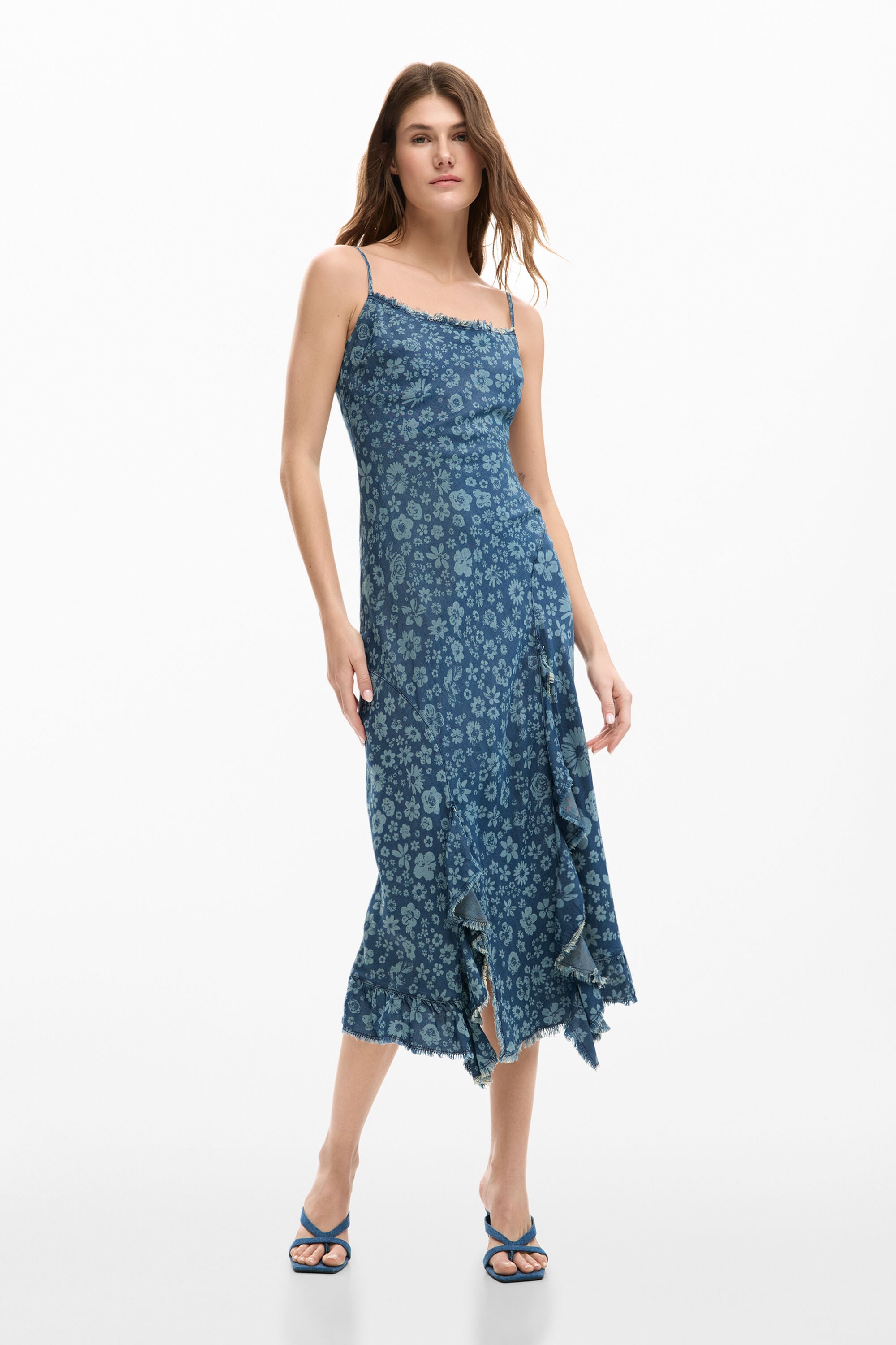 Desigual, Vestido volantes denim, Mujer, Lyocell, Azul, XS — cómo elegir y encontrar el vestido midi perfecto por foto