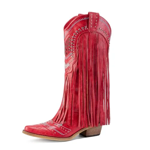 Fringe Cowboy Boots for Women Wide Calf Embroidered Tassal Cowgirl Boot Knee High Snip Toe Pull On Western Shoes — alternative to Chappell Roan's 2026 Grammy Mugler look