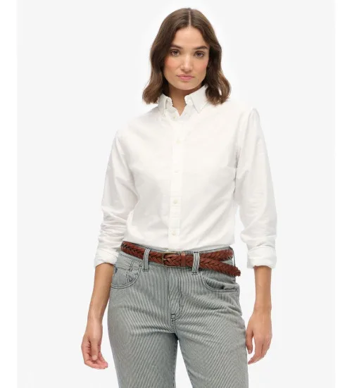 Superdry para mujer. W4010565A Camisa Oxford Slim blanco (M), Casual, Algodón, Manga larga