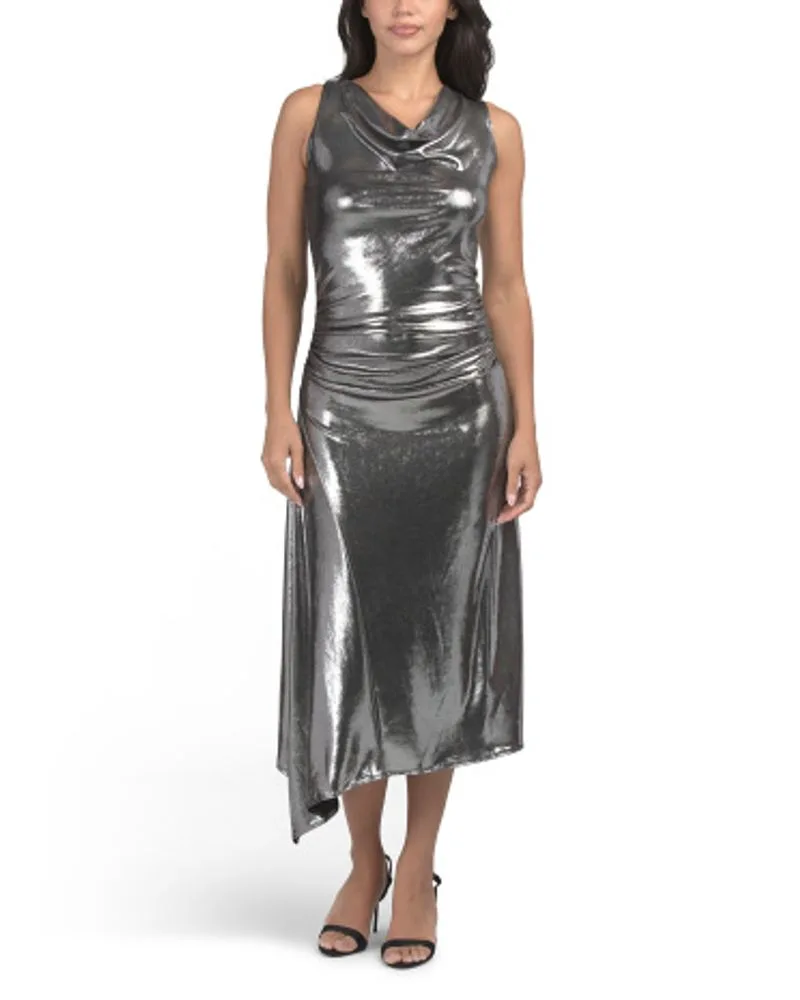 Slinky Foil Midi Dress With Cowl Neck for Women | Polyester/Metal/Elastane