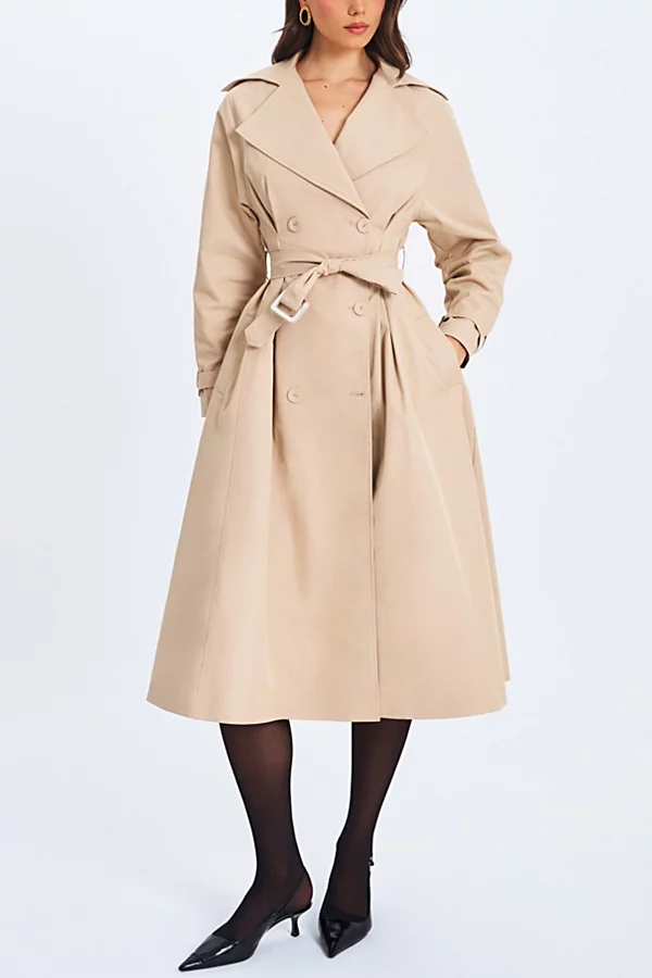 Miss Circle Ulila Double-Breasted Pleated Trench Coat Jacket in Beige, Women's at Urban Outfitters