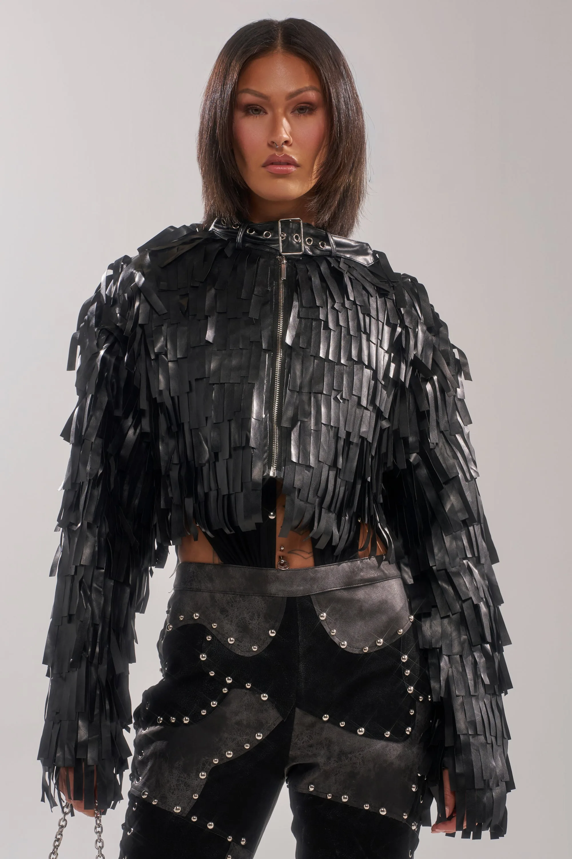 AKIRA Ride Em Fringe Moto Jacket | Black | Size Large — alternative to Chappell Roan's look