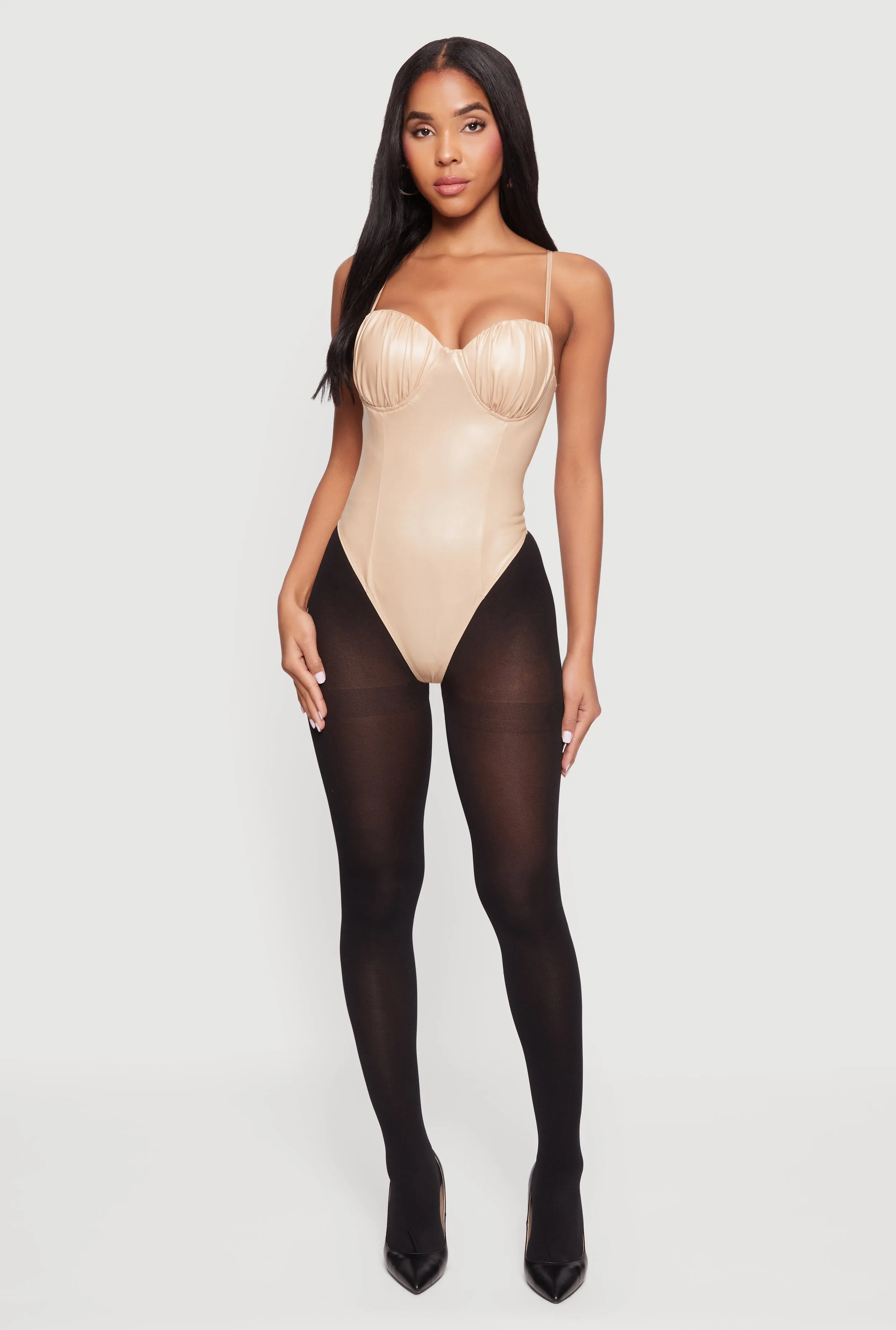 Womens Leather Look Ruched Bustier Bodysuit, Beige, Size S — alternative to Chappell Roan's look