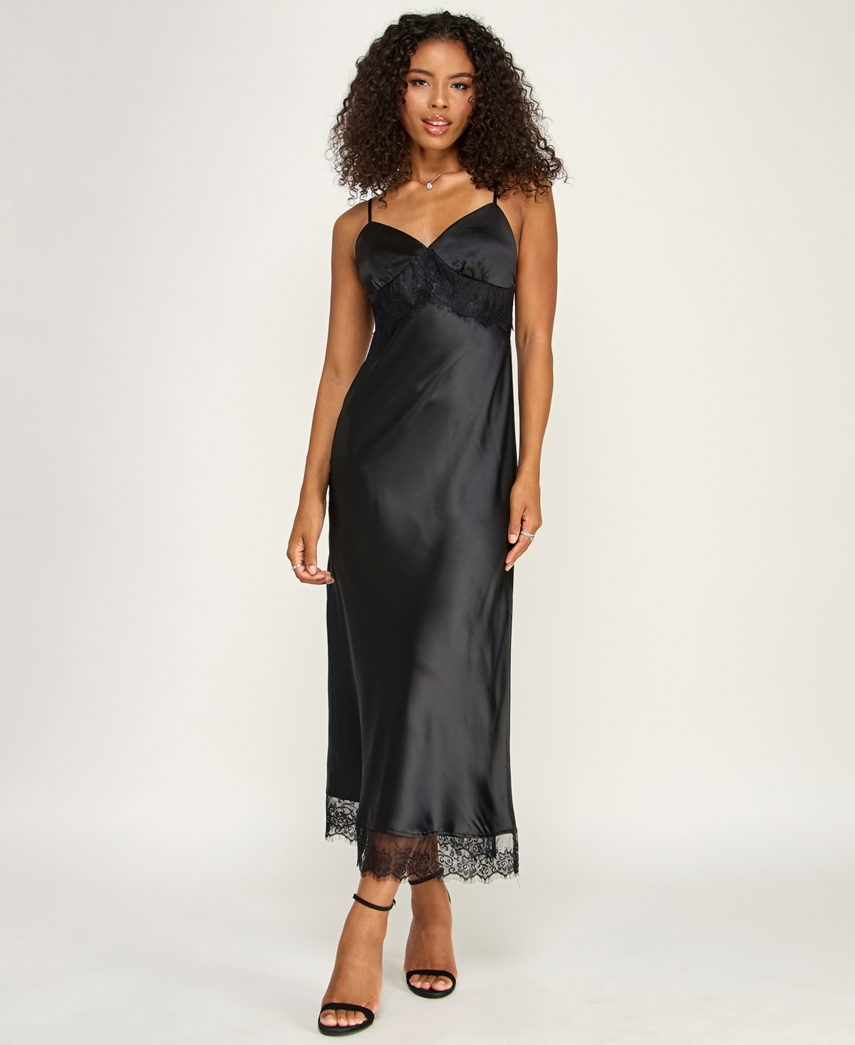 Emerald Sundae Women's V-Neck Lace Slip Dress - BLACK