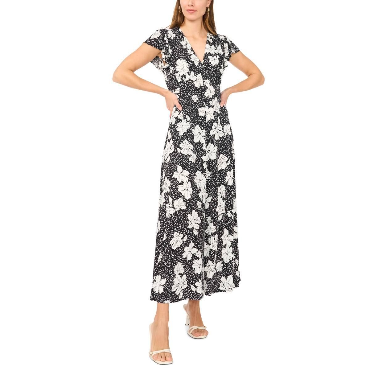 Womens MSK Short Flutter Sleeve V Neck Floral Midi Dress