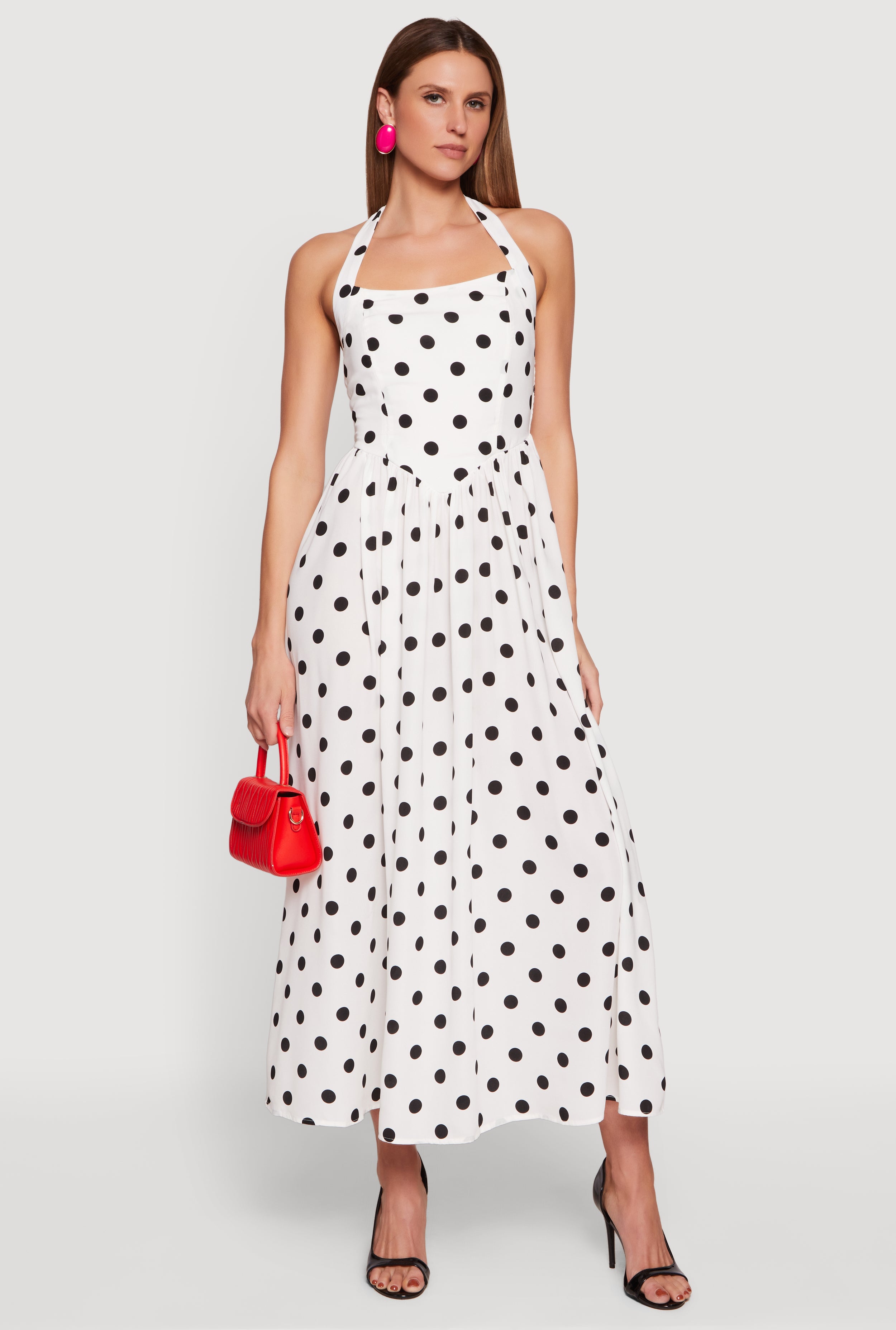 Womens Polka Dot Smocked Back Halter Maxi Dress, White, Size S