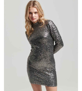 Superdry Minivestido de lentejuelas cuello perkins plateado