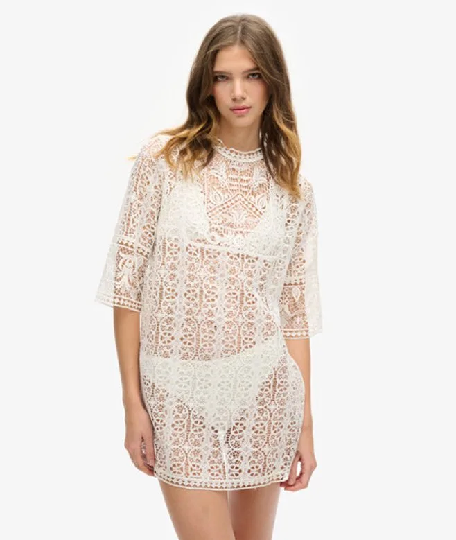 Superdry Femme Robe Courte en Dentelle Beach Cover-up Crème Taille: 10-12 — alternative aux looks de The White Lotus saison 3