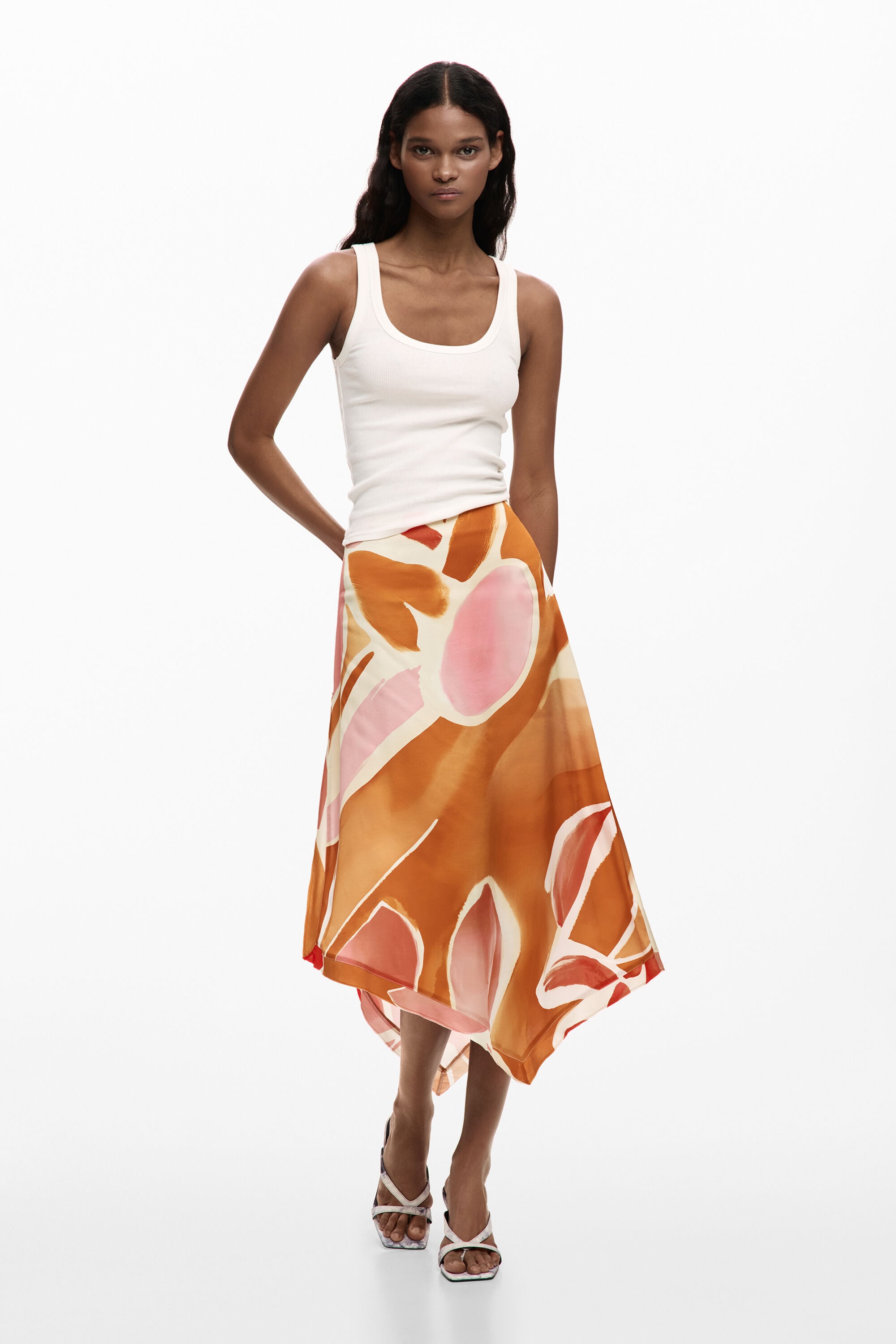Desigual, Falda asimétrica pétalos, Mujer, Viscosa, Naranja, XS — cómo elegir y combinar la falda midi y encontrarla por foto