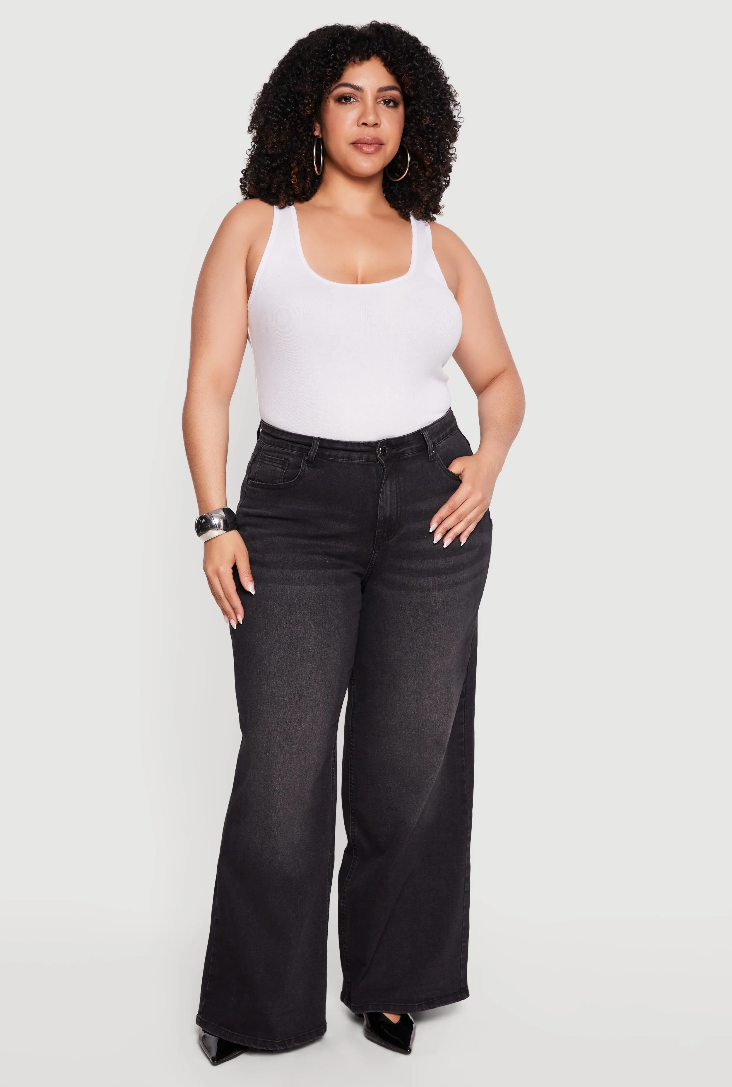 Womens Plus Size WAX High Waist Wide Leg Jeans, Black, Size 16