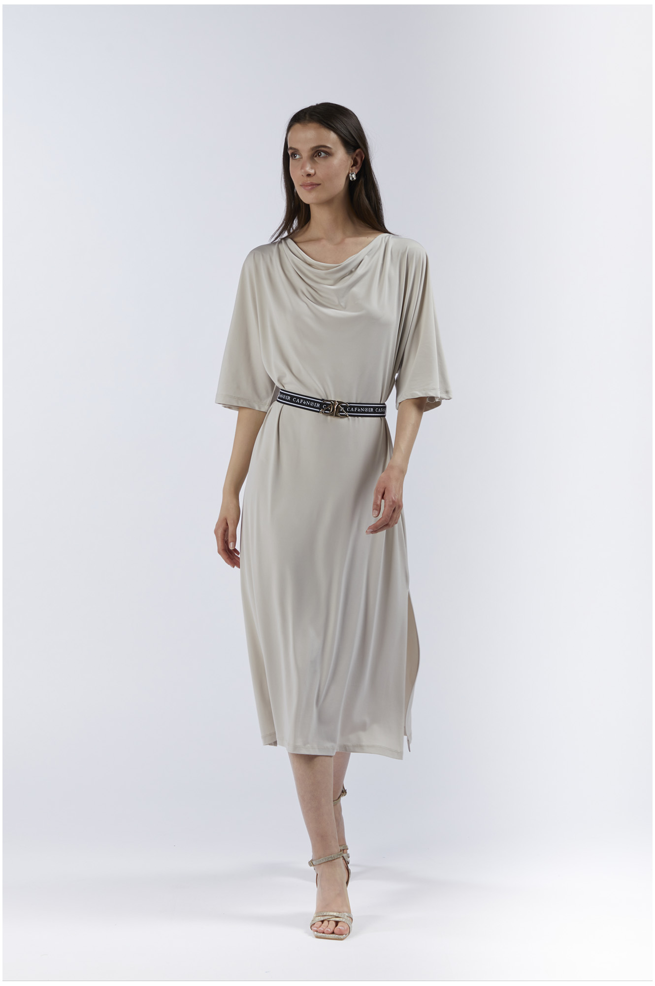 vestido largo con escote drapeado y cinturón plaster xs