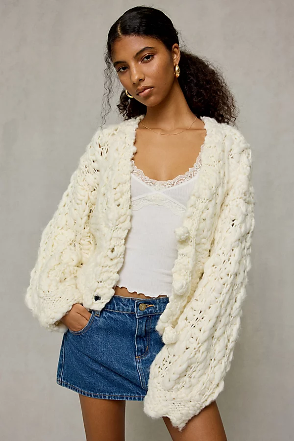 Kimchi Blue Misty Chunky Hand Knit Cardigan in Ivory, Women's at Urban Outfitters
