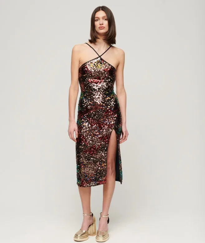 Superdry Femme Robe Mi-longue à dos nu et Sequins Multiple Colours Taille: 44 — alternative au look Mugler de Chappell Roan aux Grammys 2026