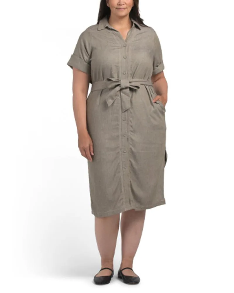 Plus Linen Blend Tie Waist Dress for Women | Rayon/Cotton