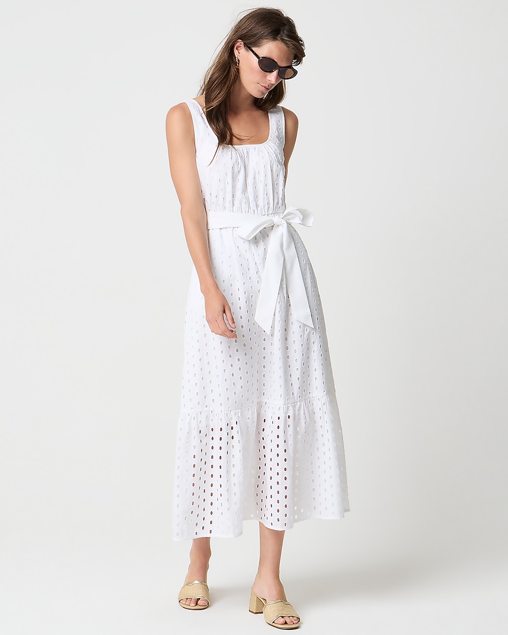 Petite eyelet belted midi dress