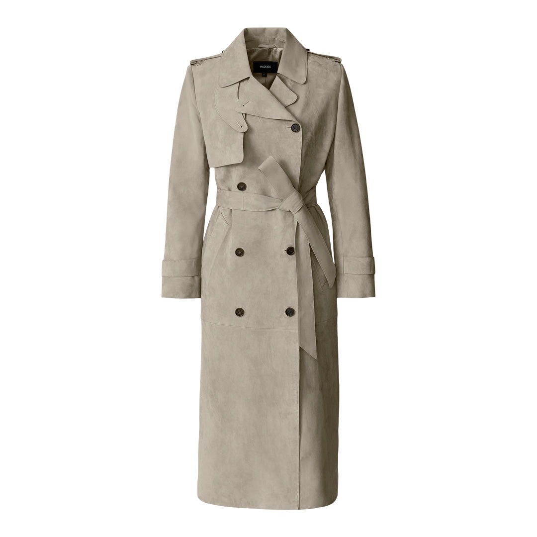 Mackage Gael-su Maxi Suede Trench Coat In Taupe, Size: Xs — affordable alternative to a designer trench coat from a video