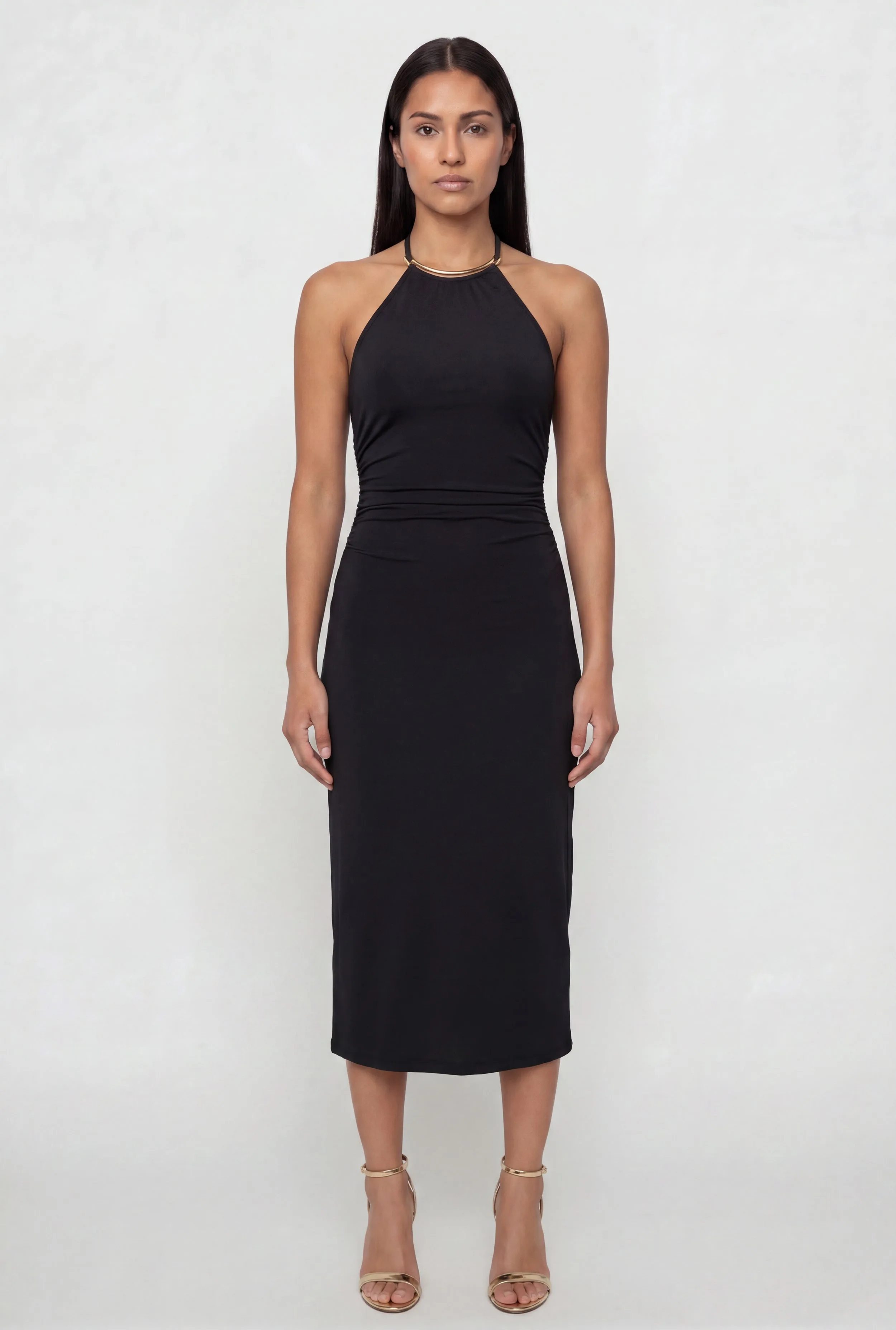 Womens Metallic Neck Detail Side Ruched Midi Dress, Black, Size M