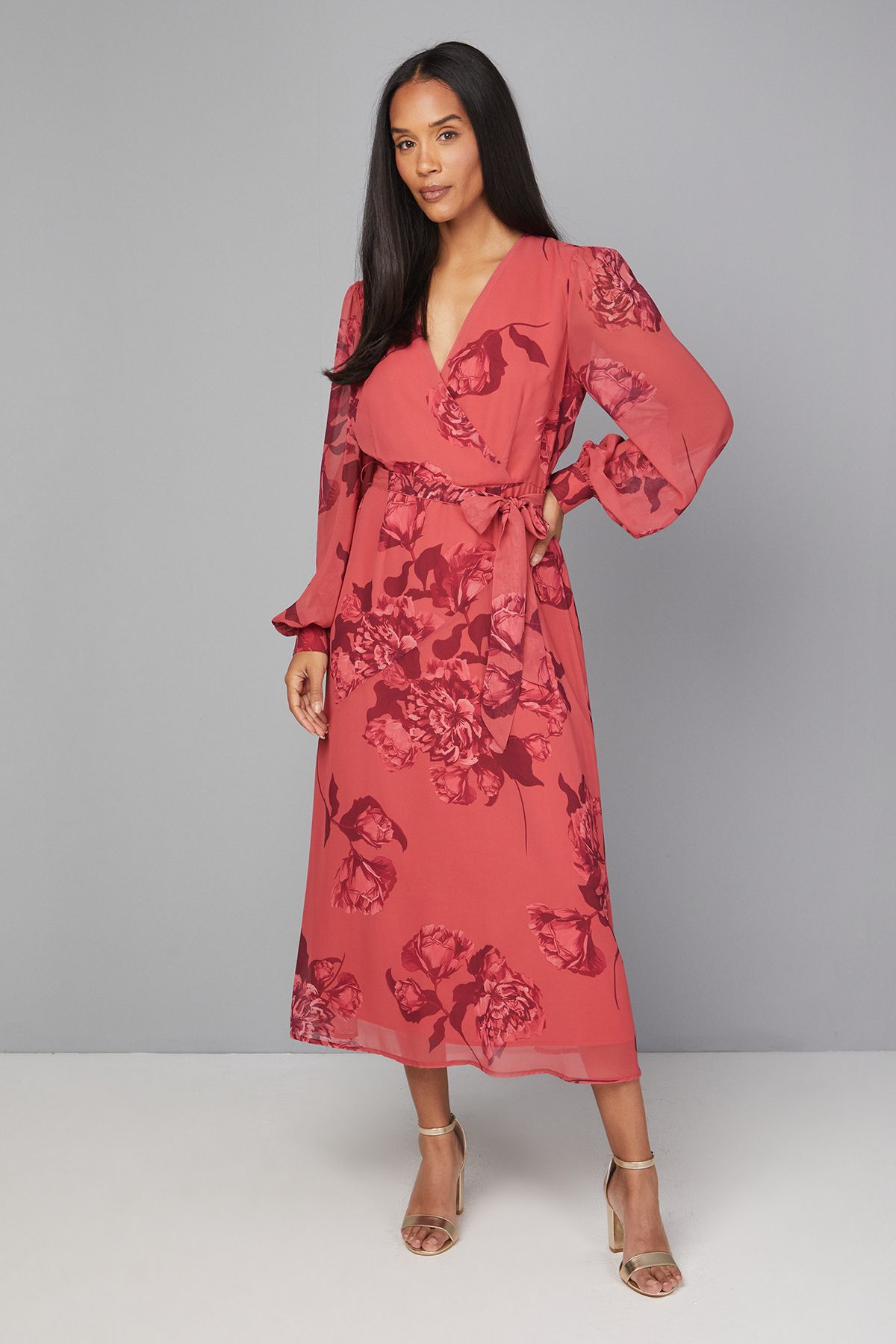 Floral Wrap Belted Midi Dress — wrap dress for a pear-shaped figure