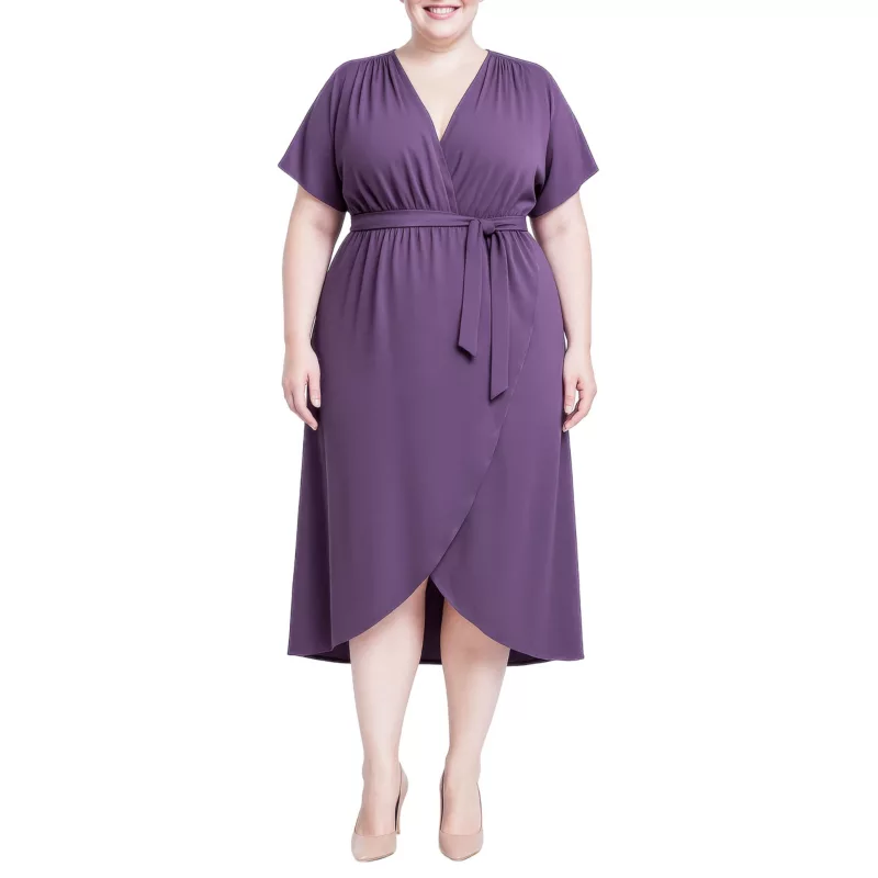 Standards and Practices Women's Flowy Tie Front Midi Dress, Purple, 1X — wrap dress for a pear-shaped figure