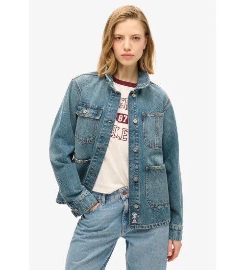 Superdry para mujer. W5011809A Chaqueta vaquera con bordado Chore azul (S), Casual, Algodón Orgánico, Sostenible