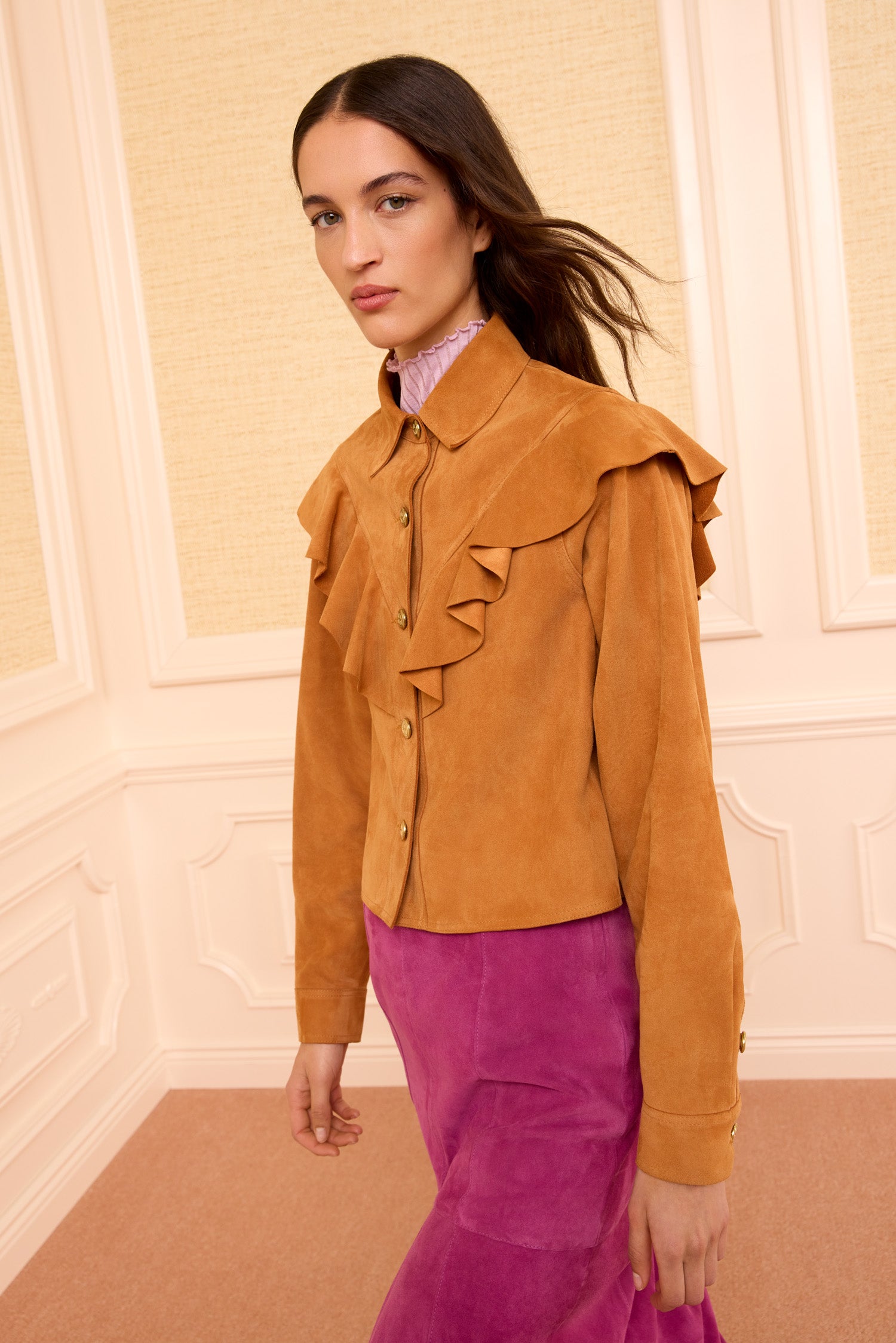 Matilde Ruffle Suede Jacket - Cognac — alternative to Miranda Priestly's Devil Wears Prada 2 look