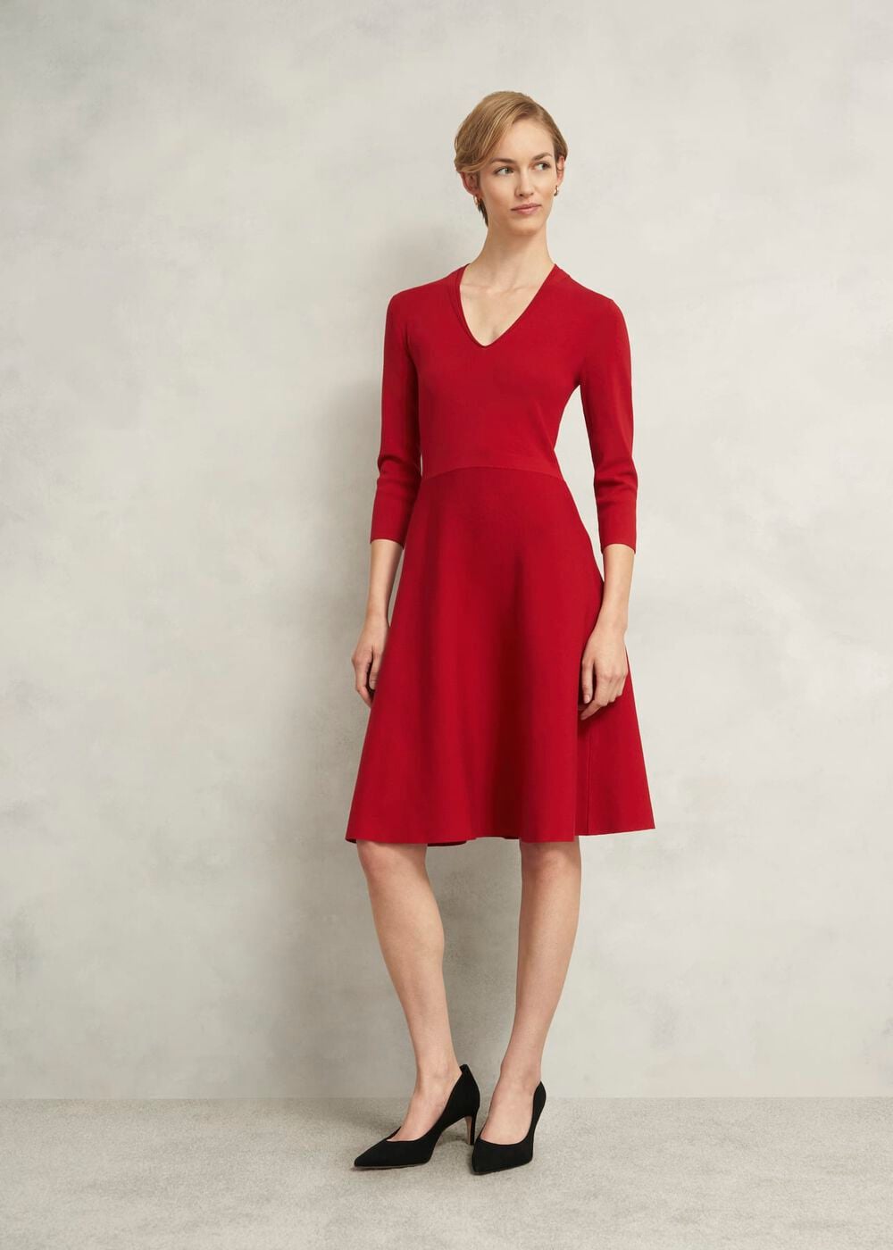 Red Scarlett V Neck Knitted Dress — dress for an apple-shaped figure