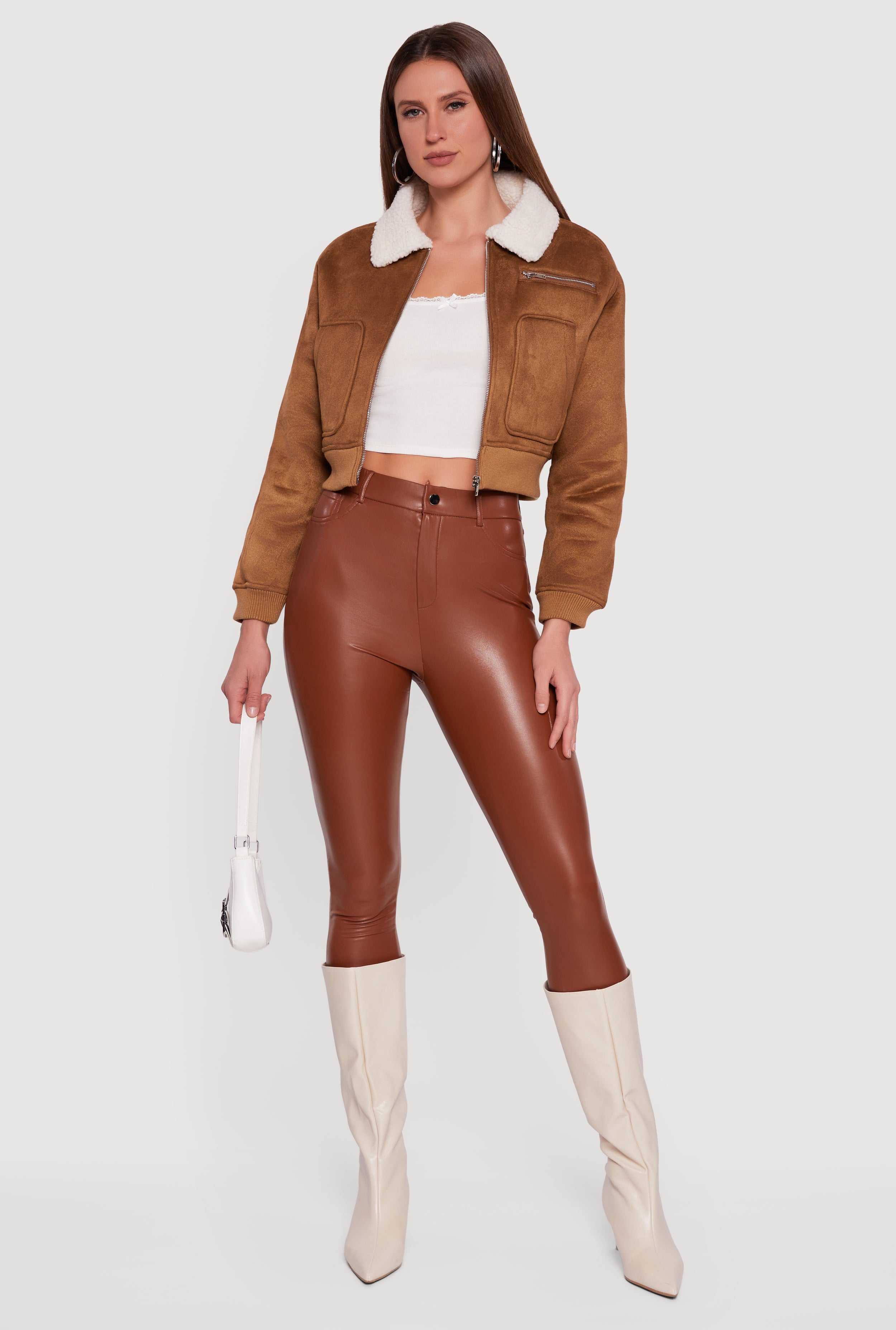 Womens Faux Suede Sherpa Lined Cropped Bomber Jacket, Brown, Size M