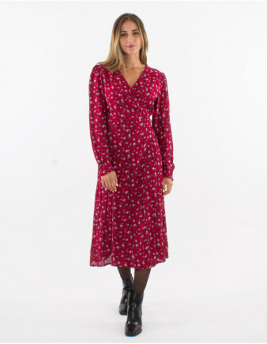 Robe longue élégante portefeuille avec petites fleurs bohème