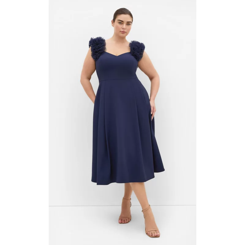 City Chic Women's Roselyn Ruffle Tulle Midi Dress, Navy Blue, 18 W — dress for a pear-shaped figure