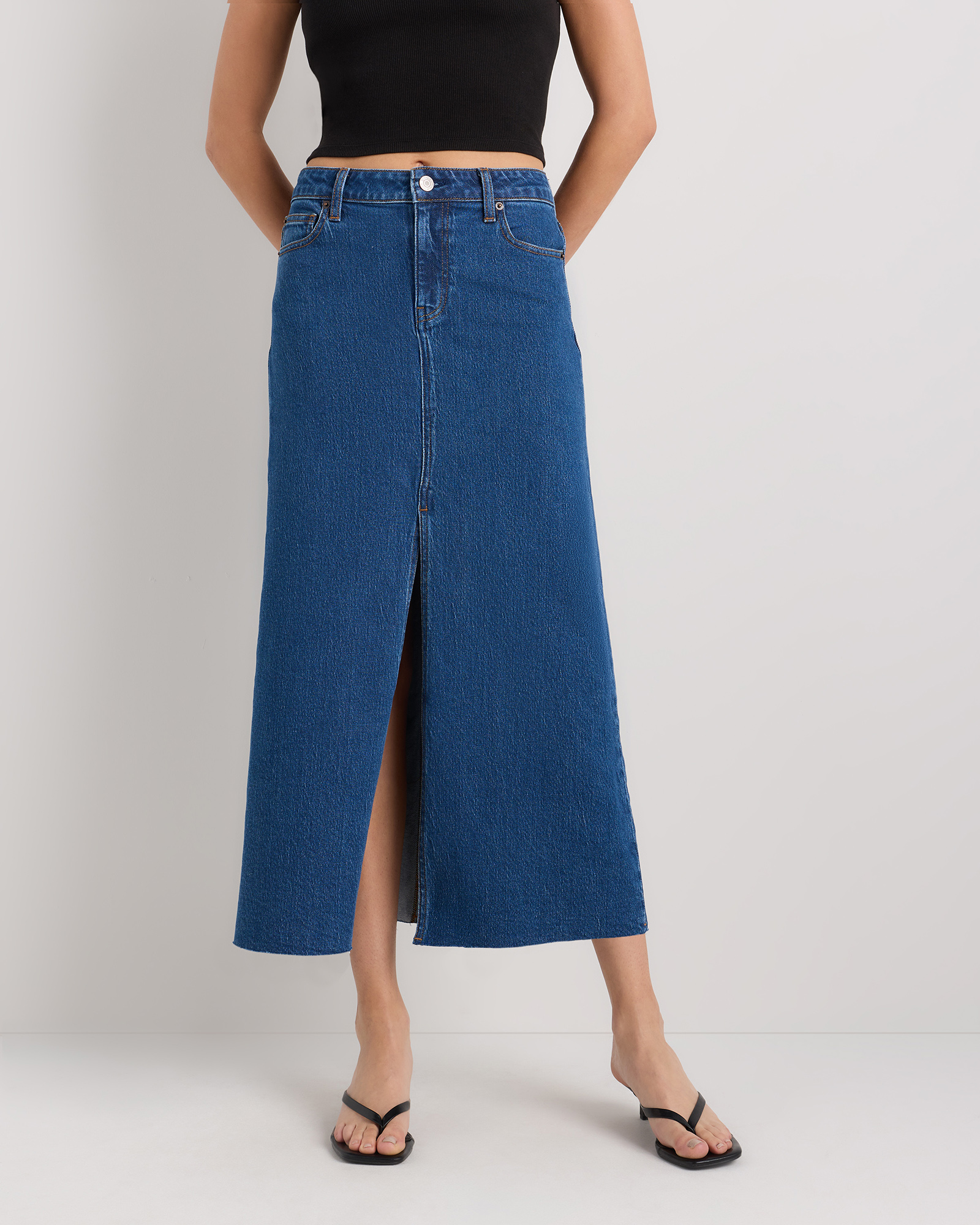 Stretch Denim 5-Pocket Midi Skirt — early 2000s fashion outfit