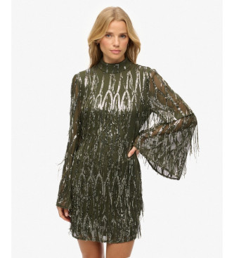 Superdry Vestido mini con lentejuelas y flecos verde — vestido de Nochevieja estilo Cristina Pedroche en España 2026