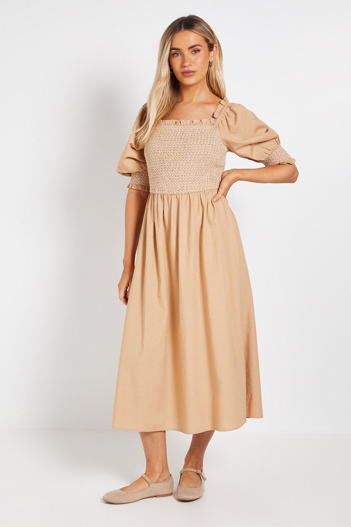 Contrast Stitch Shirred Bodice Puff Sleeve Midi Dress — off-shoulder dress for a pear-shaped figure