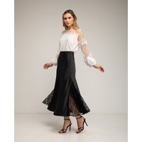 Tantra - Falda midi de raso tipo A con aperturas laterales y encaje. — cómo elegir y combinar la falda midi y encontrarla por foto