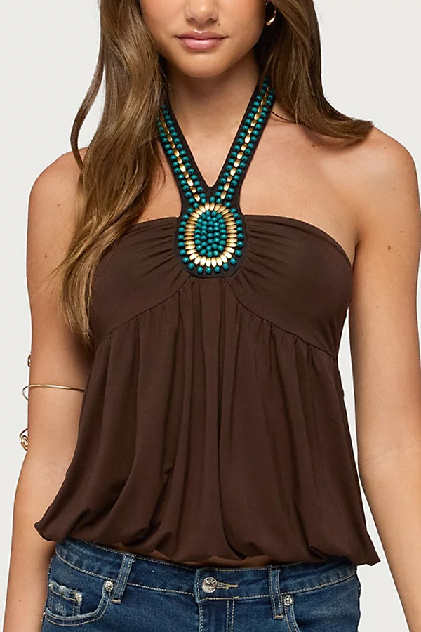Edikted Polie Beaded Bubble Jersey Halter Top in Brown, Women's at Urban Outfitters — early 2000s fashion outfit