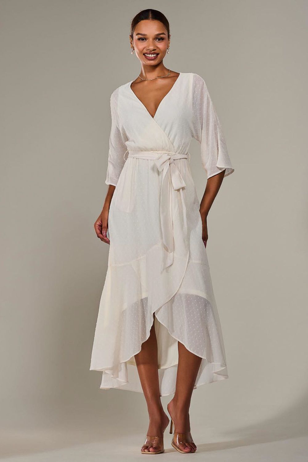 Wrap Tie Front Midi Dress — wrap dress for a pear-shaped figure
