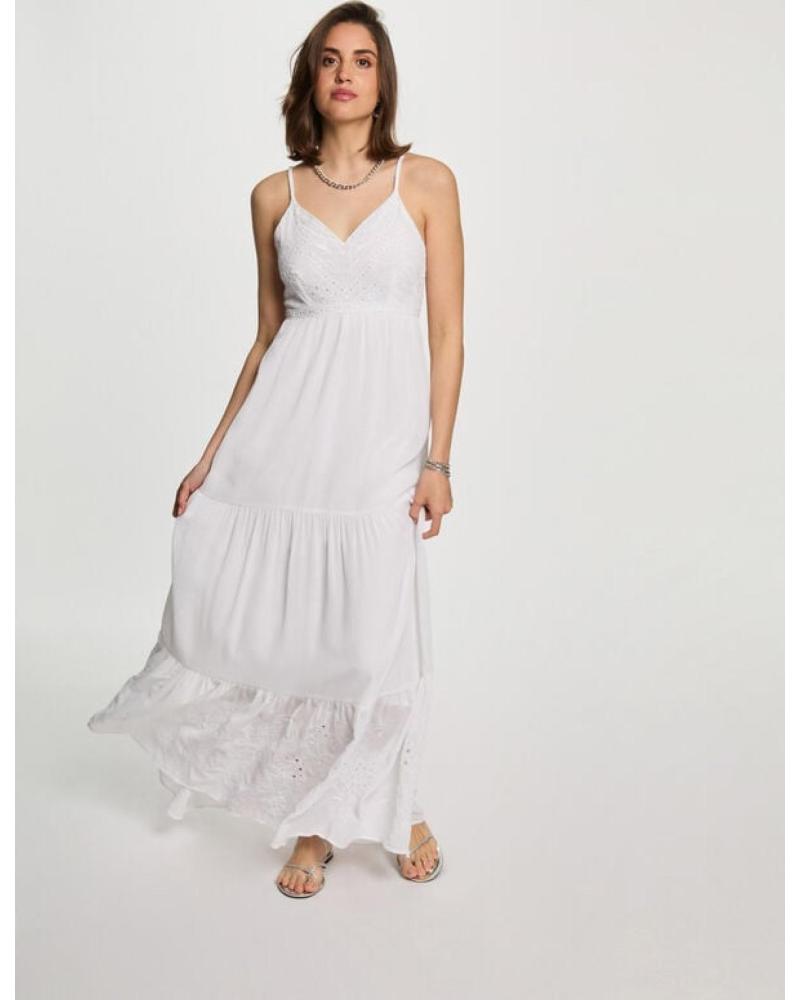 MORGAN VESTIDO LARGO BORDADO ROUBI BLANCO - REF. 242 BLANCO — cómo vestir el cuerpo triángulo invertido (hombros más anchos que las caderas) en España 2026