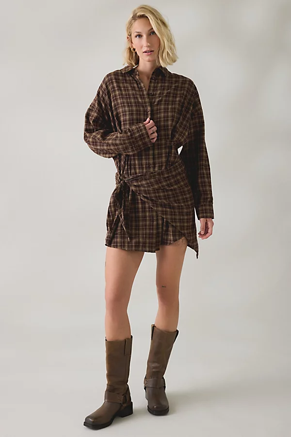 BDG Cordelia Multiway Scarf Tie Plaid Shirt Mini Dress in Brown, Women's at Urban Outfitters — alternative to Zoe Macon's plaid shirt dress