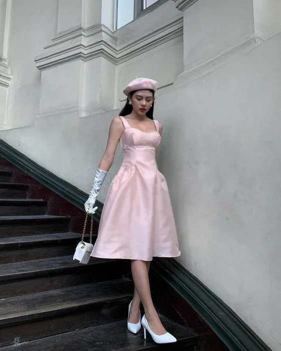 Modest A line Straps Pink Knee Length Satin Prom Dresses Birthday Outf – PreppyDress — alternative to the Imperfect Women cast's wardrobe